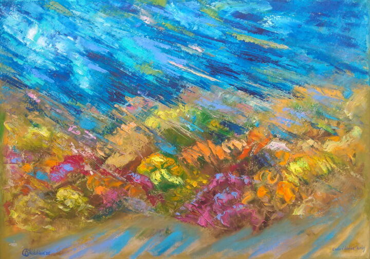 Painting titled "Coral Reef" by Olga Nikitina, Original Art, Oil Mounted on Stretcher frame