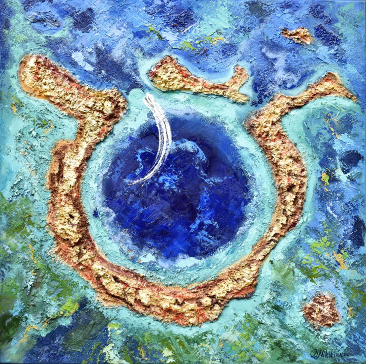 Painting titled "Belize Blue Hole" by Olga Nikitina, Original Artwork, Oil Mounted on Wood Stretcher frame