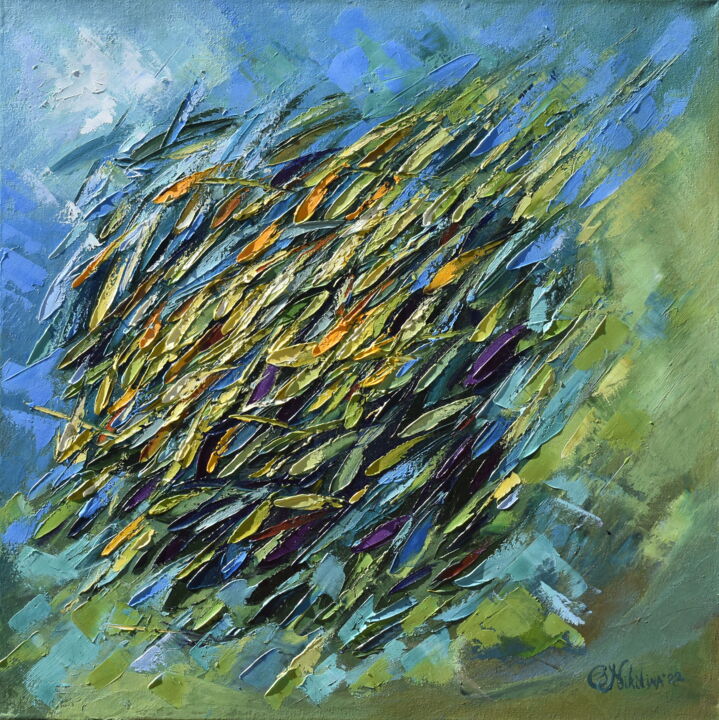Painting titled "School of Yellow Fi…" by Olga Nikitina, Original Artwork, Oil Mounted on Wood Stretcher frame