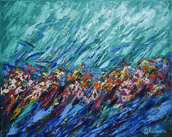 Painting titled "Coral Reef Emerald" by Olga Nikitina, Original Artwork, Oil Mounted on Wood Stretcher frame