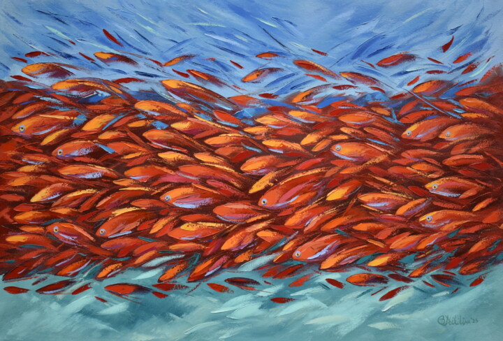Peinture intitulée "Red Fish Stream Tro…" par Olga Nikitina, Œuvre d'art originale, Huile