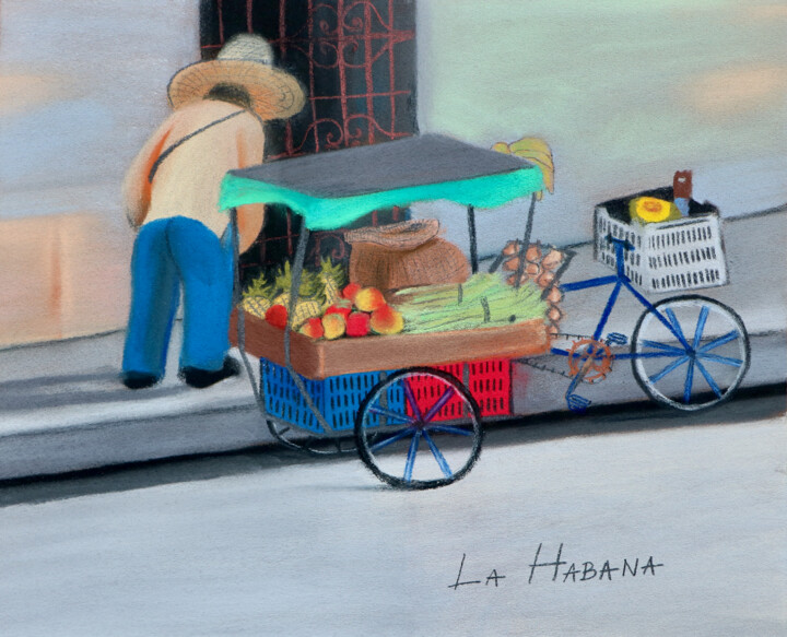 Tekening getiteld "Fruit seller in Hav…" door Olga Petrova, Origineel Kunstwerk, Pastel