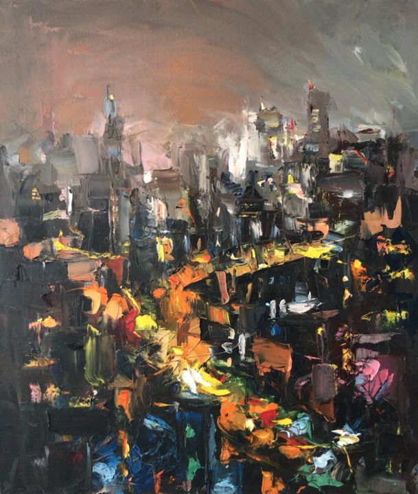 Peinture intitulée "Night city lights" par Olga Pavlovets, Œuvre d'art originale, Huile