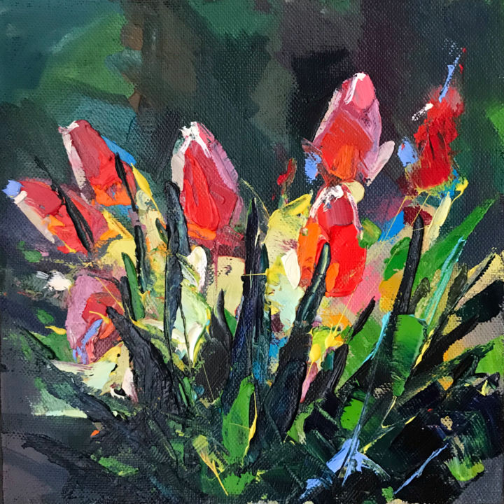 Painting titled "tulips" by Olga Pavlovets, Original Artwork, Oil Mounted on Wood Stretcher frame