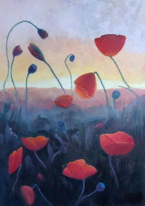 Painting titled "Poppies at sunset" by Olha Bohush, Original Artwork, Oil Mounted on Wood Stretcher frame