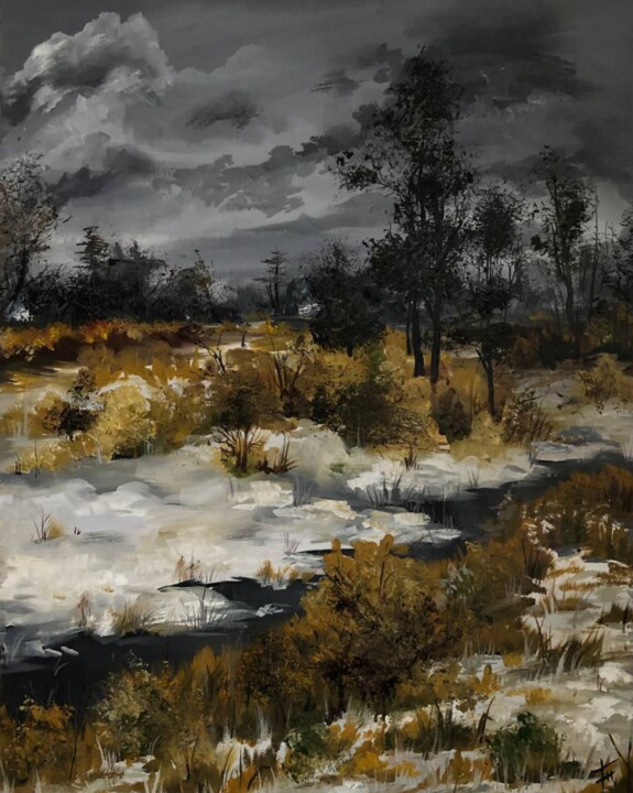 Painting titled "winter mood" by Olha Bozhko, Original Artwork, Oil Mounted on Wood Stretcher frame