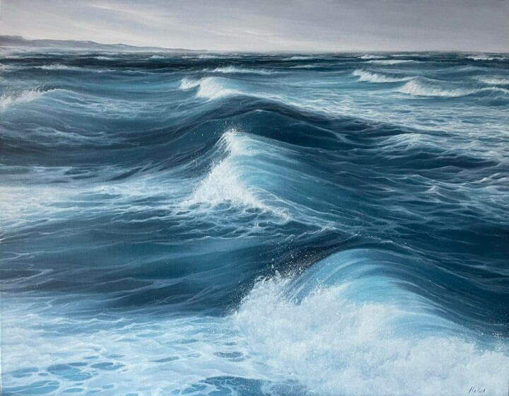 Pittura intitolato "raging sea" da Olha Holub, Opera d'arte originale, Olio Montato su Telaio per barella in legno