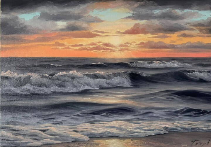 Painting titled "Sunset at the sea" by Olha Holub, Original Artwork, Oil Mounted on Wood Stretcher frame