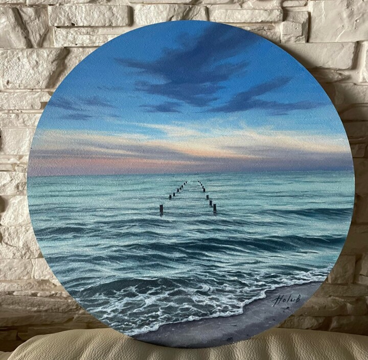 Painting titled "morning on the sea" by Olha Holub, Original Artwork, Oil Mounted on Wood Panel
