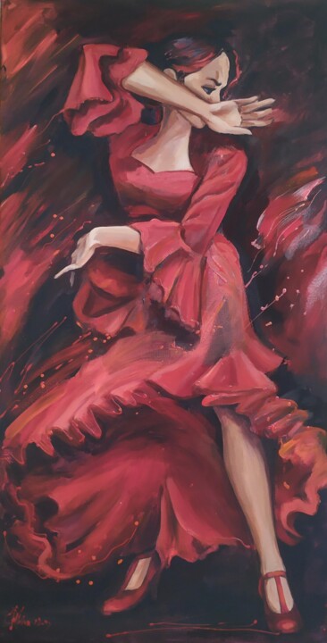 Painting titled "Flaming flamenco" by Olha Komisaryk (OK), Original Artwork, Acrylic