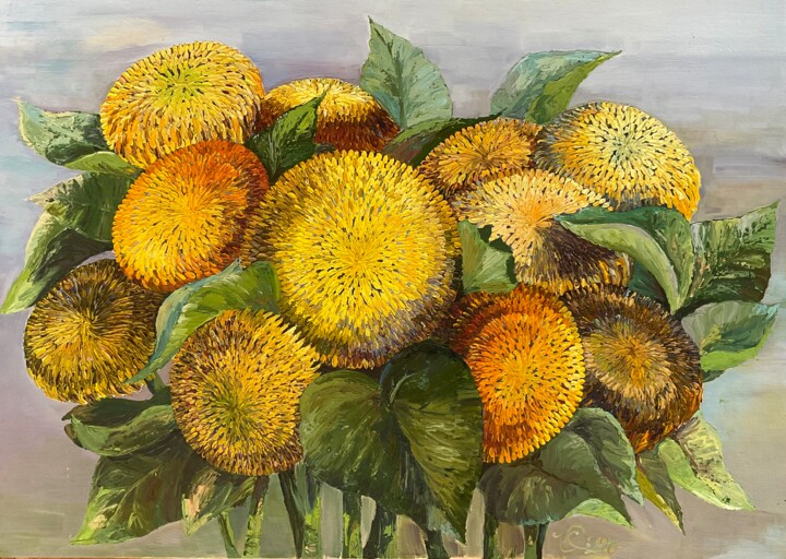 Картина под названием "Sunflower before a…" - Olha Korniienko, Подлинное произведение искусства, Масло Установлен на картон