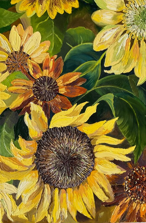 Schilderij getiteld "Lovely Sunflowers" door Olha Korniienko, Origineel Kunstwerk, Olie Gemonteerd op Frame voor houten bran…