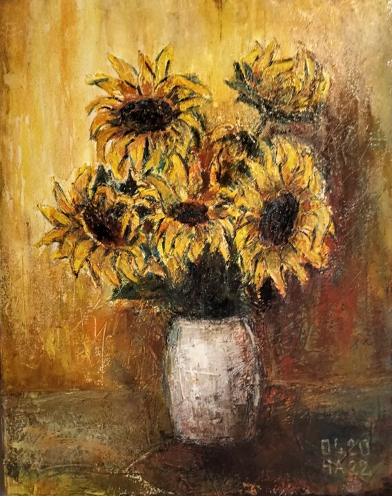 Painting titled "Сонячні квіти" by Olha Prykhodko, Original Artwork, Oil Mounted on Wood Stretcher frame
