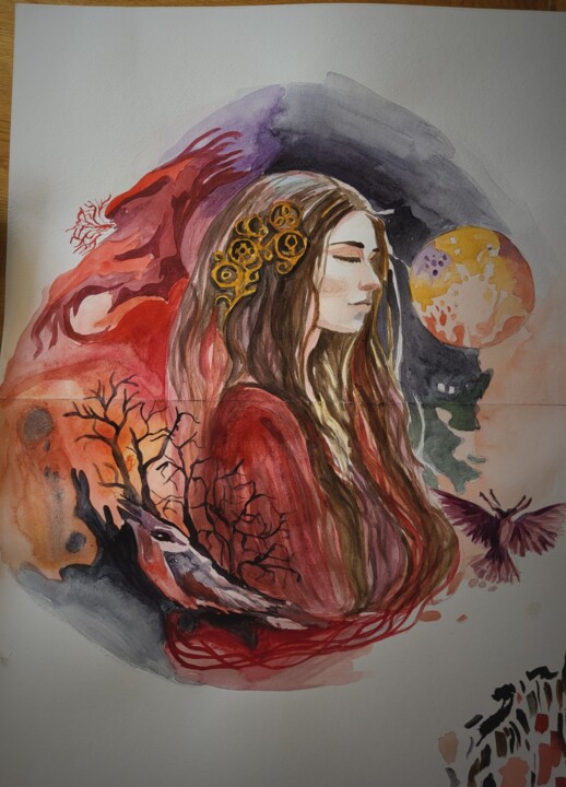 Painting titled "Priestess" by Olha Voron, Original Artwork, Watercolor
