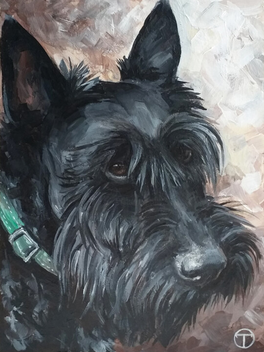 Schilderij getiteld "Scottish terrier" door Olia Tomkova, Origineel Kunstwerk, Acryl