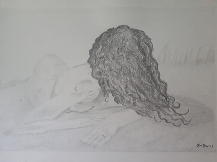 Drawing titled "Nue dans les dunes" by Oliv Berth, Original Artwork, Graphite