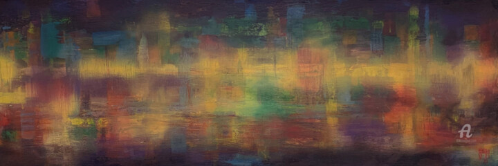 Картина под названием "City at lake" - Oliver Staeuber, Подлинное произведение искусства, Масло