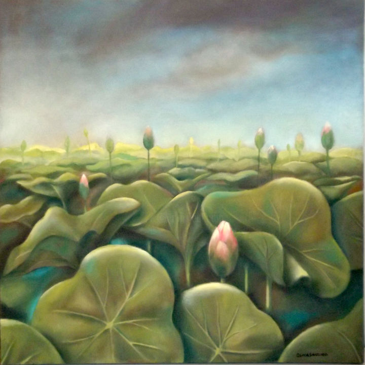 Pittura intitolato "lotus-leaves.jpg" da Ollina, Opera d'arte originale, Olio