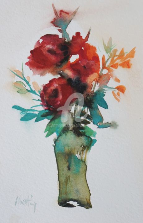 Peinture intitulée "deux roses" par Olivia Quintin, Œuvre d'art originale, Aquarelle