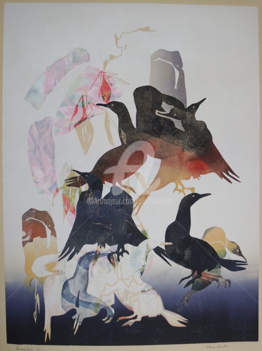 Gravures & estampes intitulée "cormorans 1" par Olivia Quintin, Œuvre d'art originale, Gravure