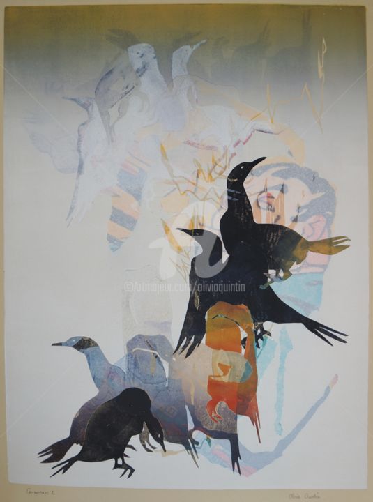 Gravures & estampes intitulée "cormorans 2" par Olivia Quintin, Œuvre d'art originale, Gravure