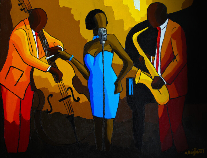 Painting titled "Jazz chanteuse robe…" by Olivier Boissinot, Original Artwork, Oil Mounted on Wood Stretcher frame
