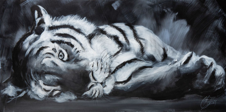 Painting titled "Tigre "D'un œil"" by Olivier Bonnelarge, Original Artwork, Acrylic Mounted on Wood Stretcher frame