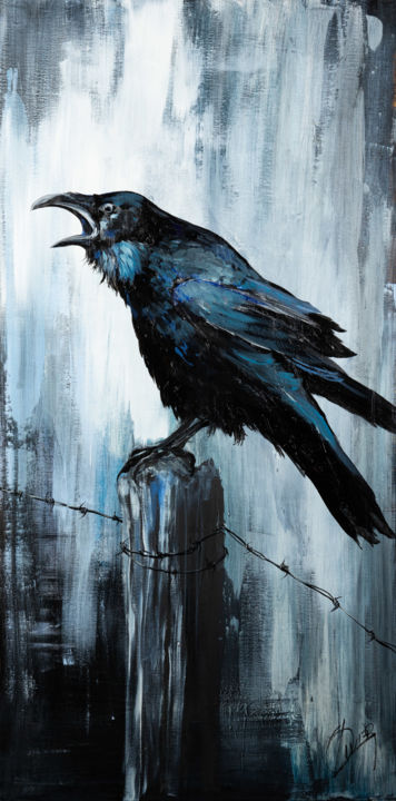 Painting titled "Corbeau "The raven"" by Olivier Bonnelarge, Original Artwork, Acrylic Mounted on Wood Stretcher frame