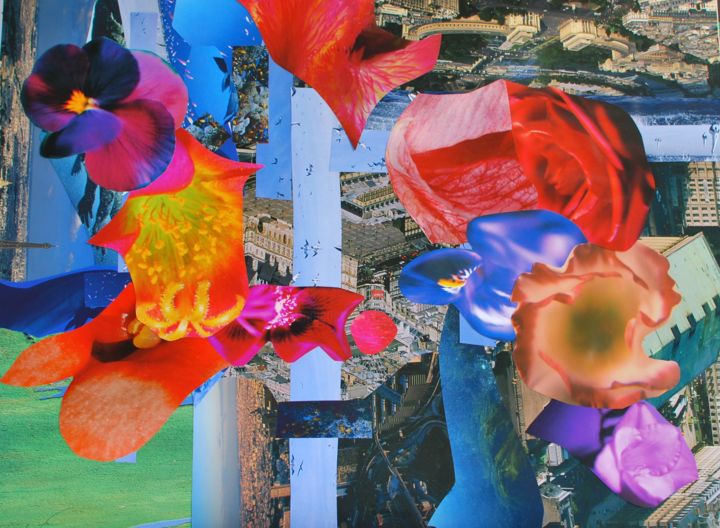 Collages intitulée "Flying flowers" par Olivier Bourgin, Œuvre d'art originale, Collages