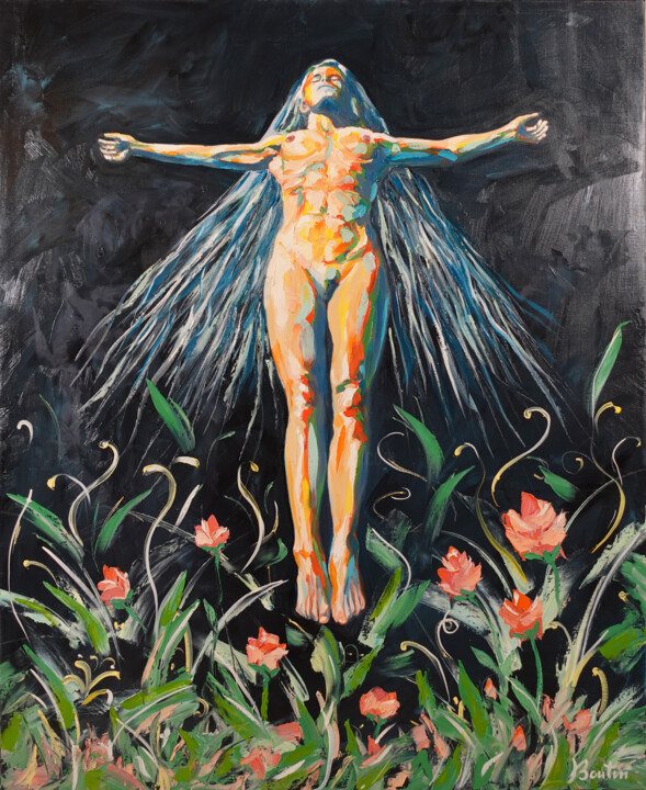 Painting titled "Femme en croix" by Olivier Boutin, Original Artwork, Oil Mounted on Wood Stretcher frame