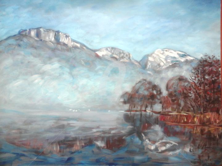 Painting titled "Lac d'Annecy au mat…" by Olivier Broquet, Original Artwork, Acrylic Mounted on Wood Stretcher frame