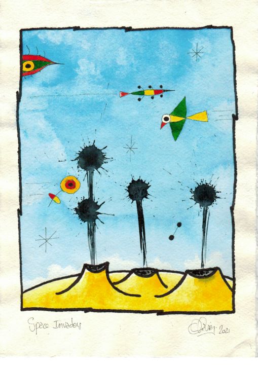 Peinture intitulée "Space Invaders" par Olivier Delacuvellerie, Œuvre d'art originale, Aquarelle