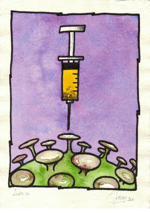 Drawing titled "Seringue Covid" by Olivier, Original Art, Watercolor