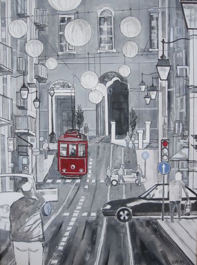 Schilderij getiteld "tableau tram rouge" door Olivier Laplace, Origineel Kunstwerk