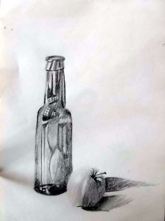 Drawing titled "Bouteille de bière…" by Olivier Leclercq (Oyans), Original Artwork, Conté