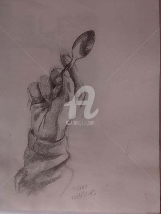 Drawing titled "hand and spoon" by Olivier Leclercq (Oyans), Original Artwork, Graphite