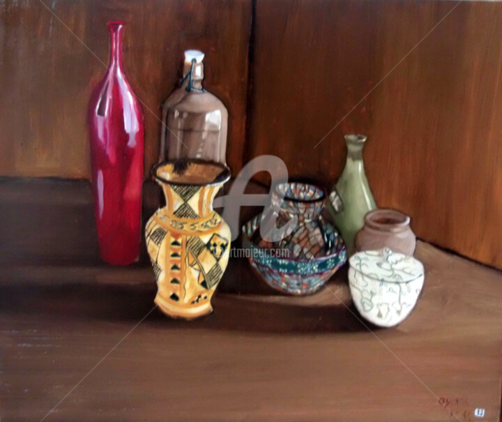 Peinture intitulée "vases et bouteilles" par Olivier Leclercq (Oyans), Œuvre d'art originale
