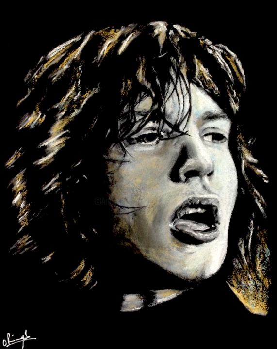 "Mick Jagger - Gold…" başlıklı Resim Olivier Pringal tarafından, Orijinal sanat, Pastel Ahşap Sedye çerçevesi üzerine monte…