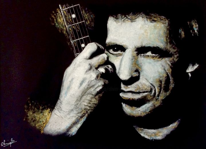 Dessin intitulée "Keith Richards - Go…" par Olivier Pringal, Œuvre d'art originale, Pastel Monté sur Verre