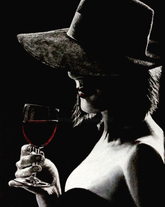 Drawing titled "Woman & wine" by Olivier Pringal, Original Artwork, Chalk