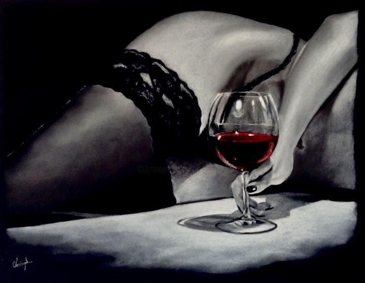 Drawing titled "Women & wine 3" by Olivier Pringal, Original Artwork, Chalk
