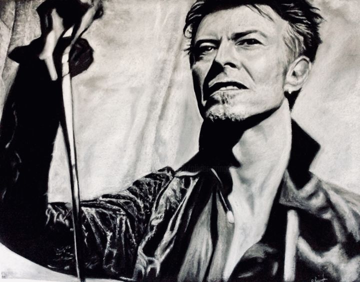 Drawing titled "Bowie on stage" by Olivier Pringal, Original Artwork, Pastel Mounted on Wood Panel