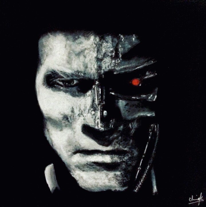 Drawing titled "Terminator Man Mach…" by Olivier Pringal, Original Artwork, Pastel Mounted on Wood Stretcher frame