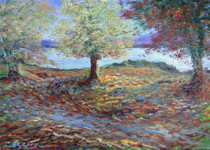 Painting titled "Automne, plage de T…" by Olivier Rilliet, Original Art, Oil