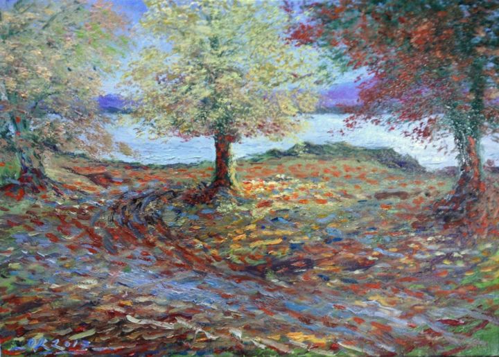 Painting titled "Automne, plage de T…" by Olivier Rilliet, Original Artwork, Oil