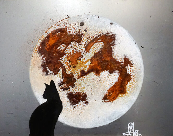 Painting titled "Moon & cat # 2" by Olivier De Géa, Original Artwork, Graphite