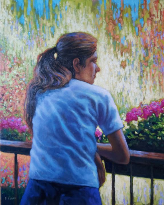 Peinture intitulée "Jeune fille au balc…" par Olivier Franc, Œuvre d'art originale, Huile