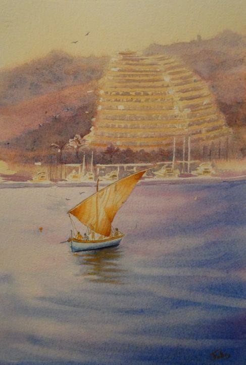 Painting titled "Voile latine devant…" by Olivier Follin, Original Artwork, Watercolor