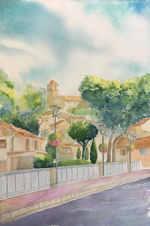 Painting titled "Le vieux village de…" by Olivier Follin, Original Artwork, Watercolor