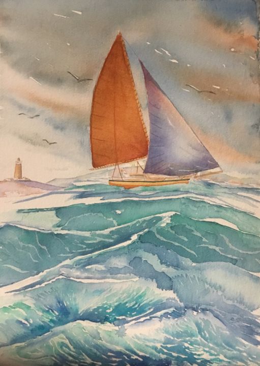 Painting titled "En pleine tempête.j…" by Olivier Follin, Original Artwork, Watercolor